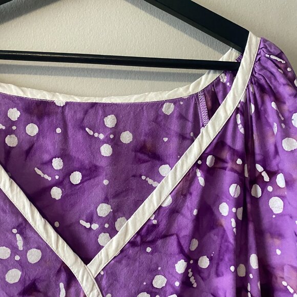 Handmade Plus Size Cotton Batik Purple White Print V-Neck Dress - Picture 6 of 9